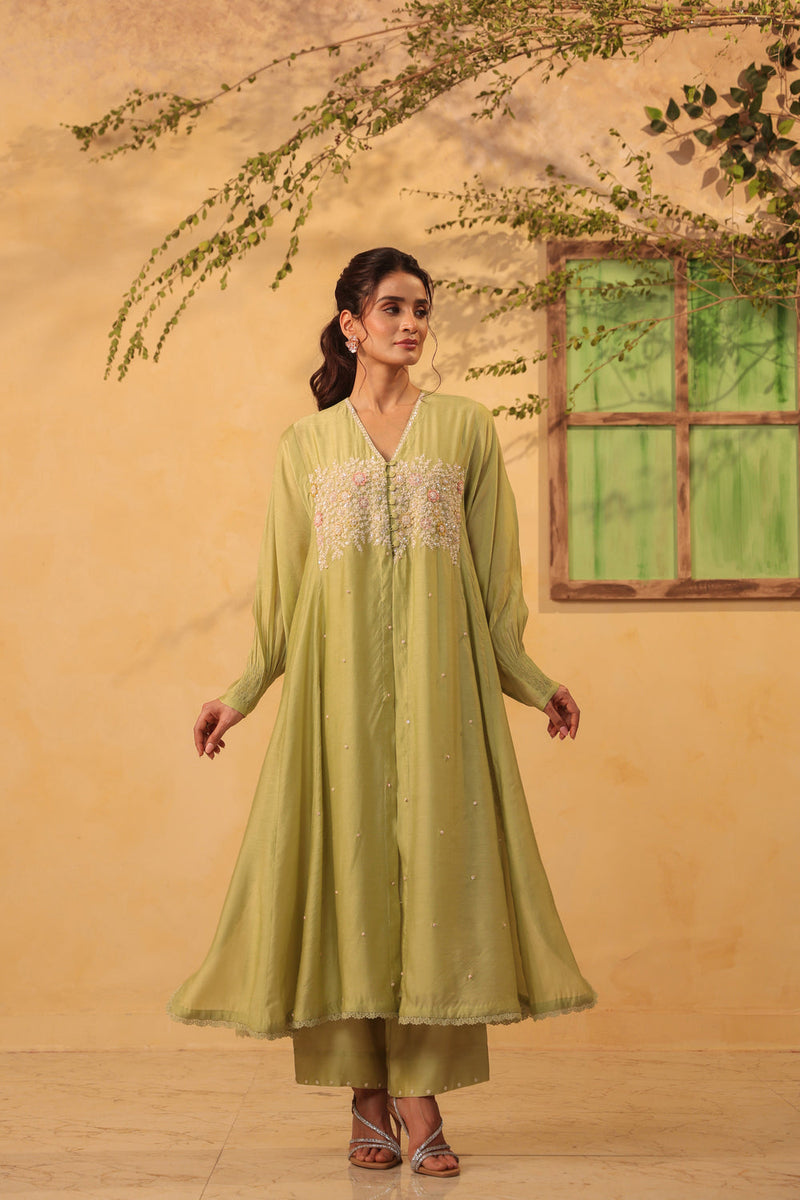 Vaayu Green Jacket Style Kurta Set silk chanderi , silk tencel kurta/kurta set by Niti Bothra in green for women in Singapore