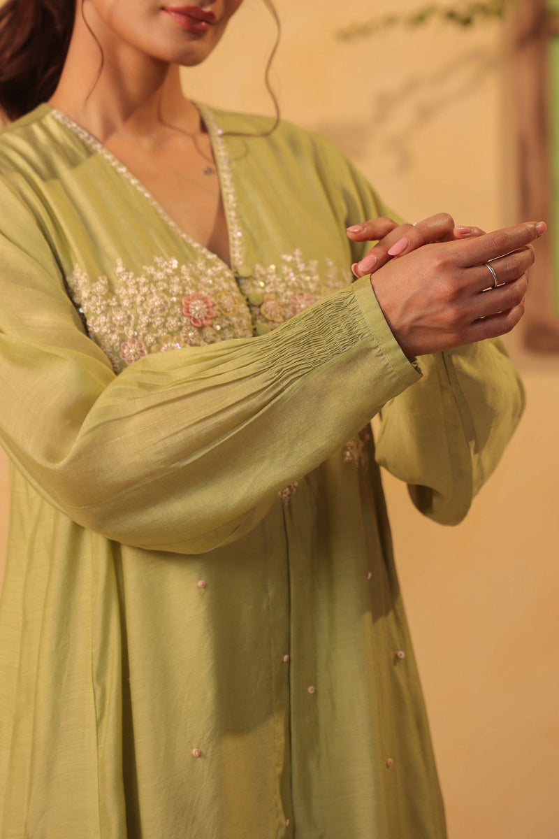 Vaayu Green Jacket Style Kurta Set silk chanderi , silk tencel kurta/kurta set by Niti Bothra in green for women in Singapore