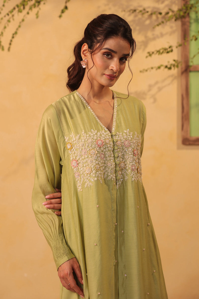 Vaayu Green Jacket Style Kurta Set silk chanderi , silk tencel kurta/kurta set by Niti Bothra in green for women in Singapore