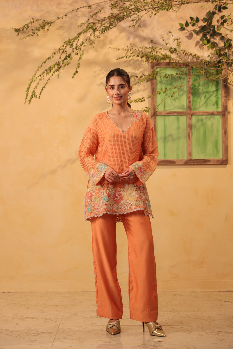 Vaayu Orange Heavy Applique Co-Ord Set silk chanderi , silk tencel kurta/kurta set by Niti Bothra in orange for women in Singapore