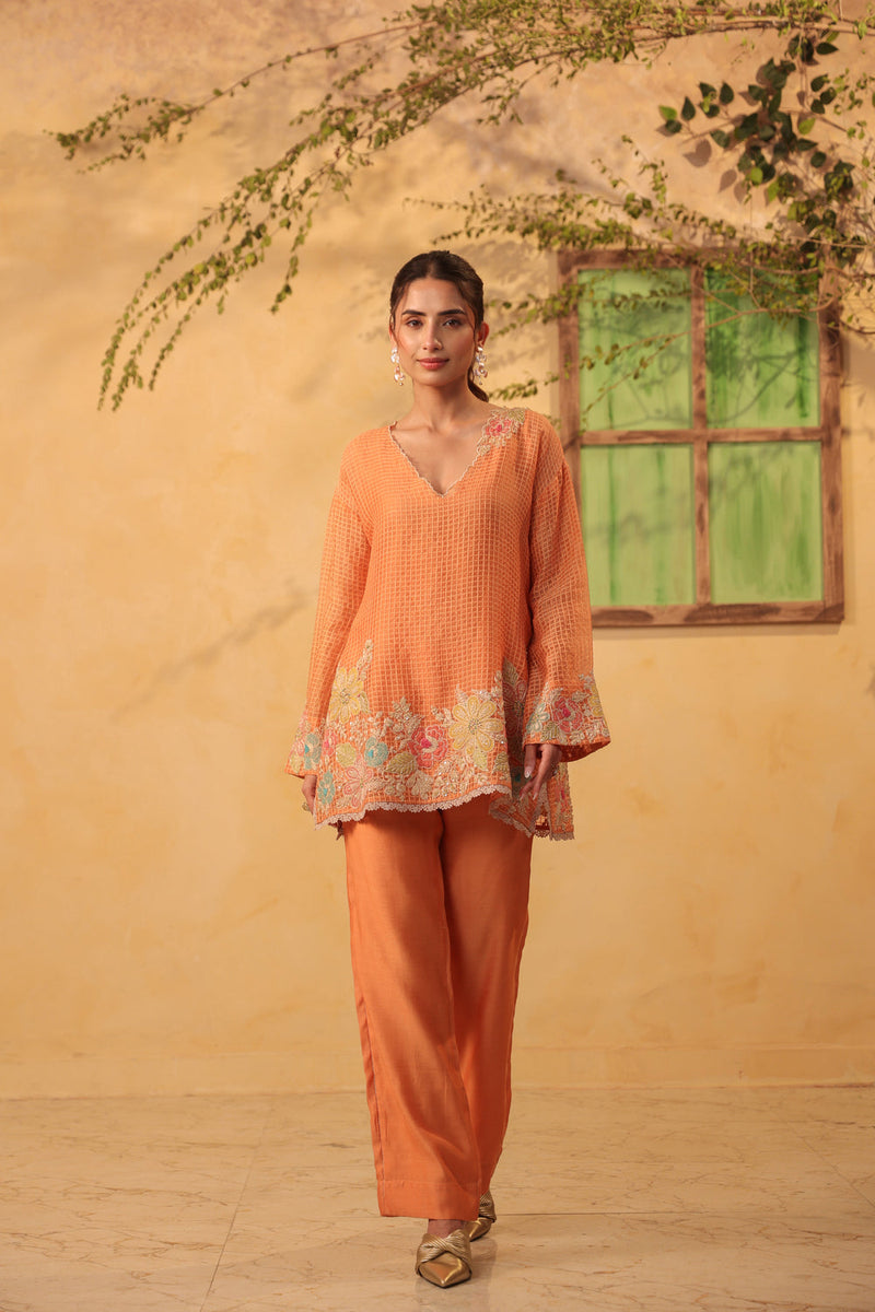 Vaayu Orange Heavy Applique Co-Ord Set silk chanderi , silk tencel kurta/kurta set by Niti Bothra in orange for women in Singapore