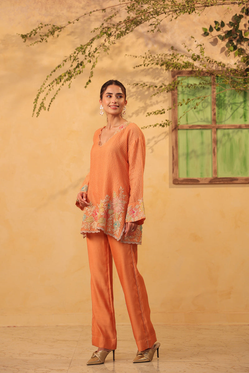 Vaayu Orange Heavy Applique Co-Ord Set silk chanderi , silk tencel kurta/kurta set by Niti Bothra in orange for women in Singapore