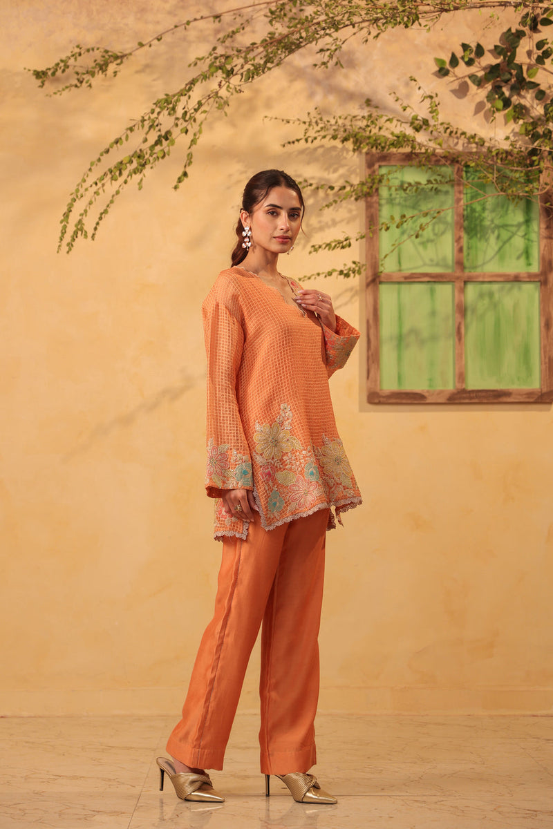 Vaayu Orange Heavy Applique Co-Ord Set silk chanderi , silk tencel kurta/kurta set by Niti Bothra in orange for women in Singapore