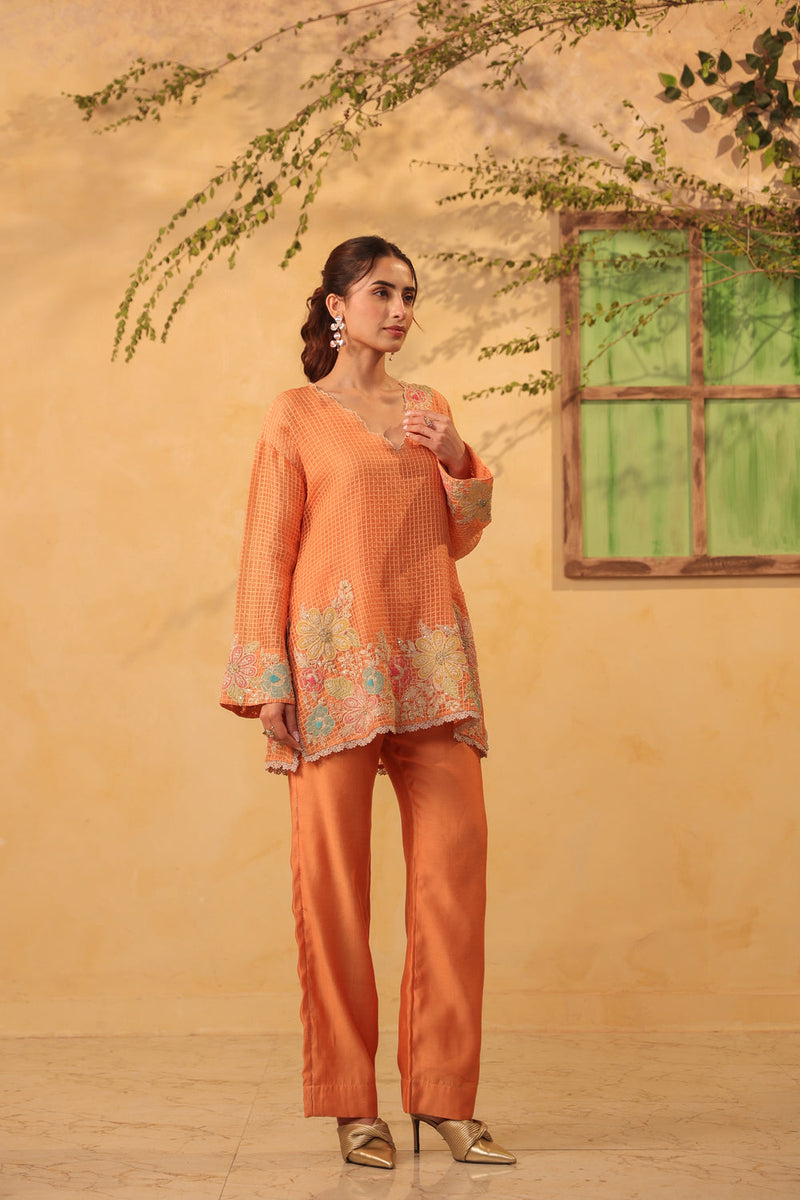 Vaayu Orange Heavy Applique Co-Ord Set silk chanderi , silk tencel kurta/kurta set by Niti Bothra in orange for women in Singapore