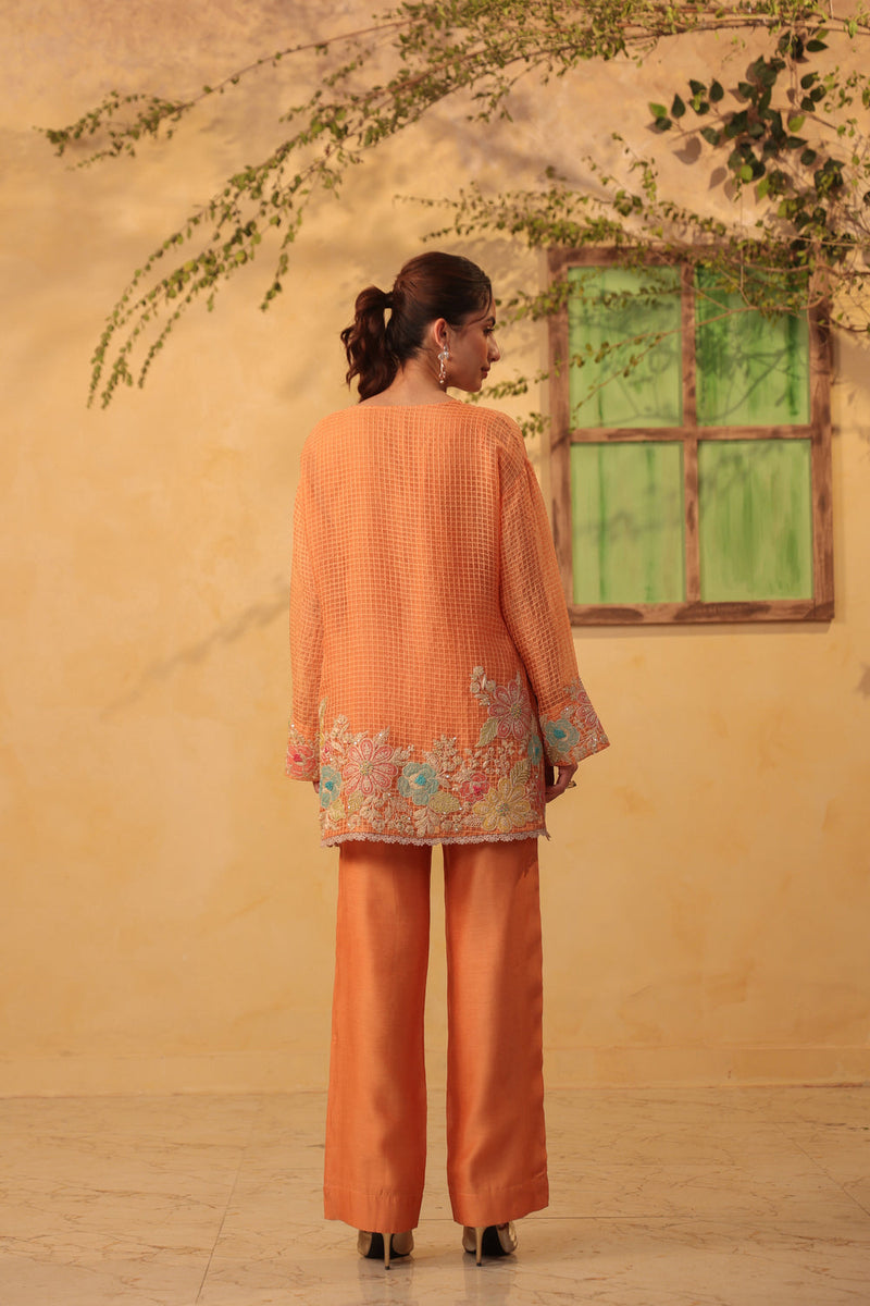 Vaayu Orange Heavy Applique Co-Ord Set silk chanderi , silk tencel kurta/kurta set by Niti Bothra in orange for women in Singapore