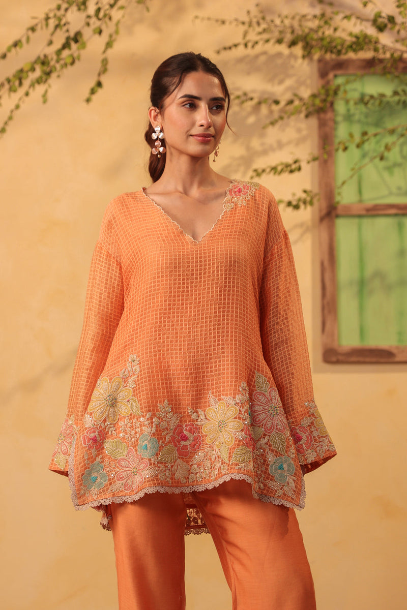 Vaayu Orange Heavy Applique Co-Ord Set silk chanderi , silk tencel kurta/kurta set by Niti Bothra in orange for women in Singapore