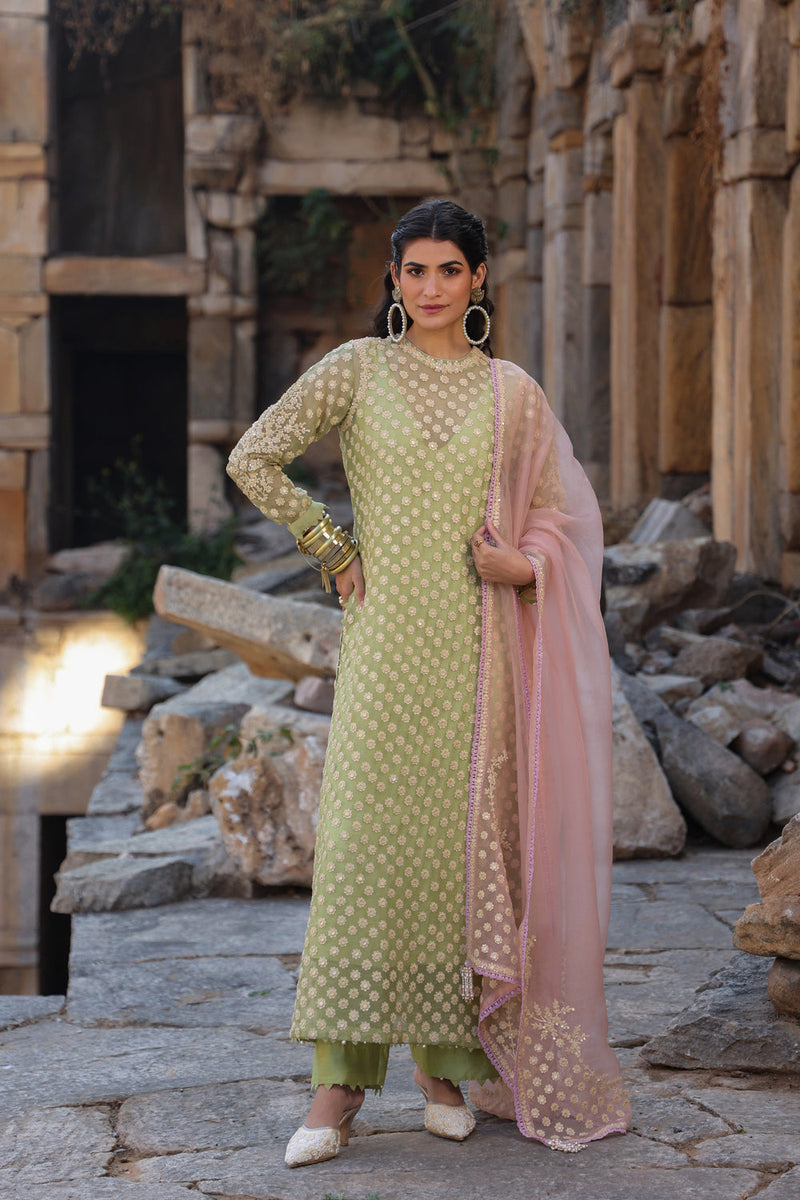 Vaayu Green Close Neck Kurta Set organza , silk tencel kurta/kurta set by Niti Bothra in green for women in Singapore