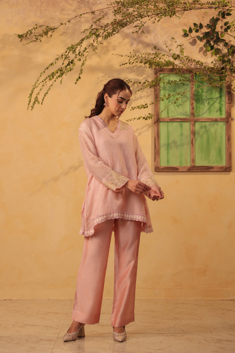 Vaayu Light Pink Applique Co-ord Set Set silk chanderi , silk tencel kurta/kurta set by Niti Bothra in light pink for women in Singapore