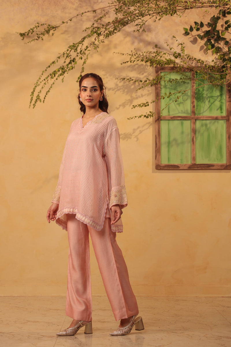 Vaayu Light Pink Applique Co-ord Set Set silk chanderi , silk tencel kurta/kurta set by Niti Bothra in light pink for women in Singapore