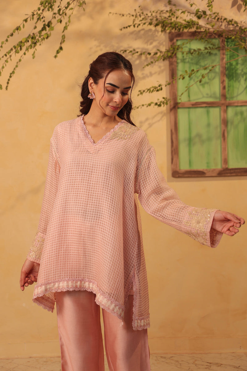 Vaayu Light Pink Applique Co-ord Set Set silk chanderi , silk tencel kurta/kurta set by Niti Bothra in light pink for women in Singapore