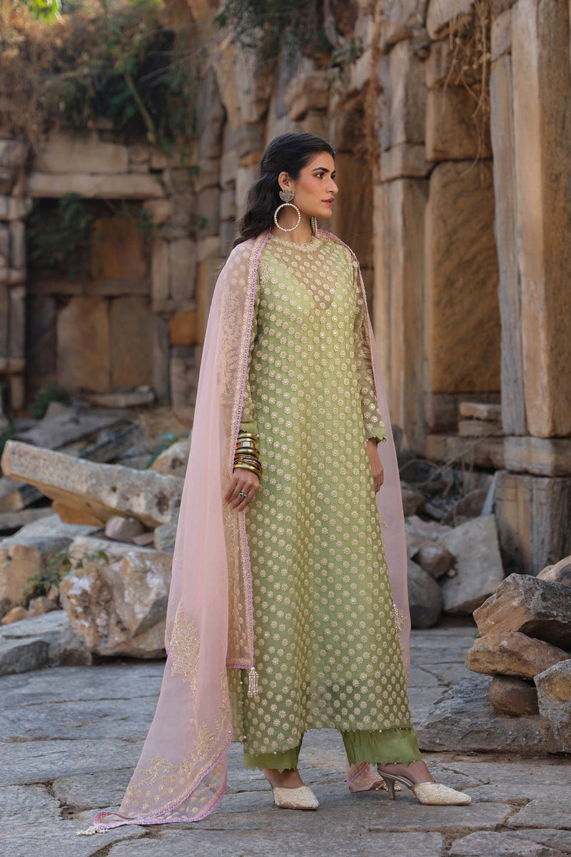 Vaayu Green Close Neck Kurta Set organza , silk tencel kurta/kurta set by Niti Bothra in green for women in Singapore