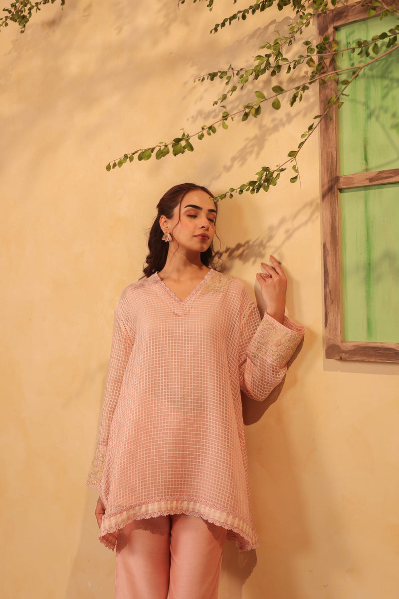 Vaayu Light Pink Applique Co-ord Set Set silk chanderi , silk tencel kurta/kurta set by Niti Bothra in light pink for women in Singapore