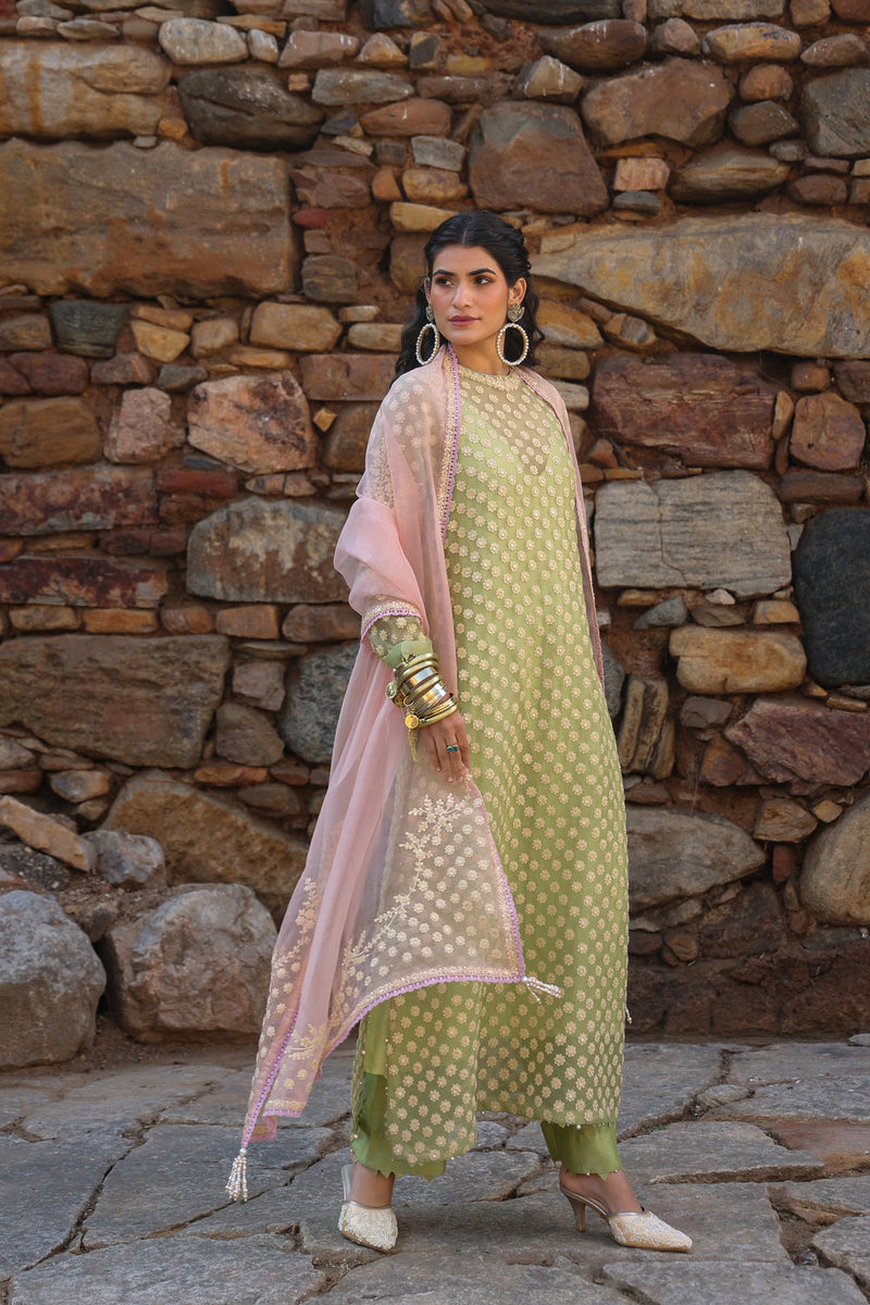 Vaayu Green Close Neck Kurta Set organza , silk tencel kurta/kurta set by Niti Bothra in green for women in Singapore