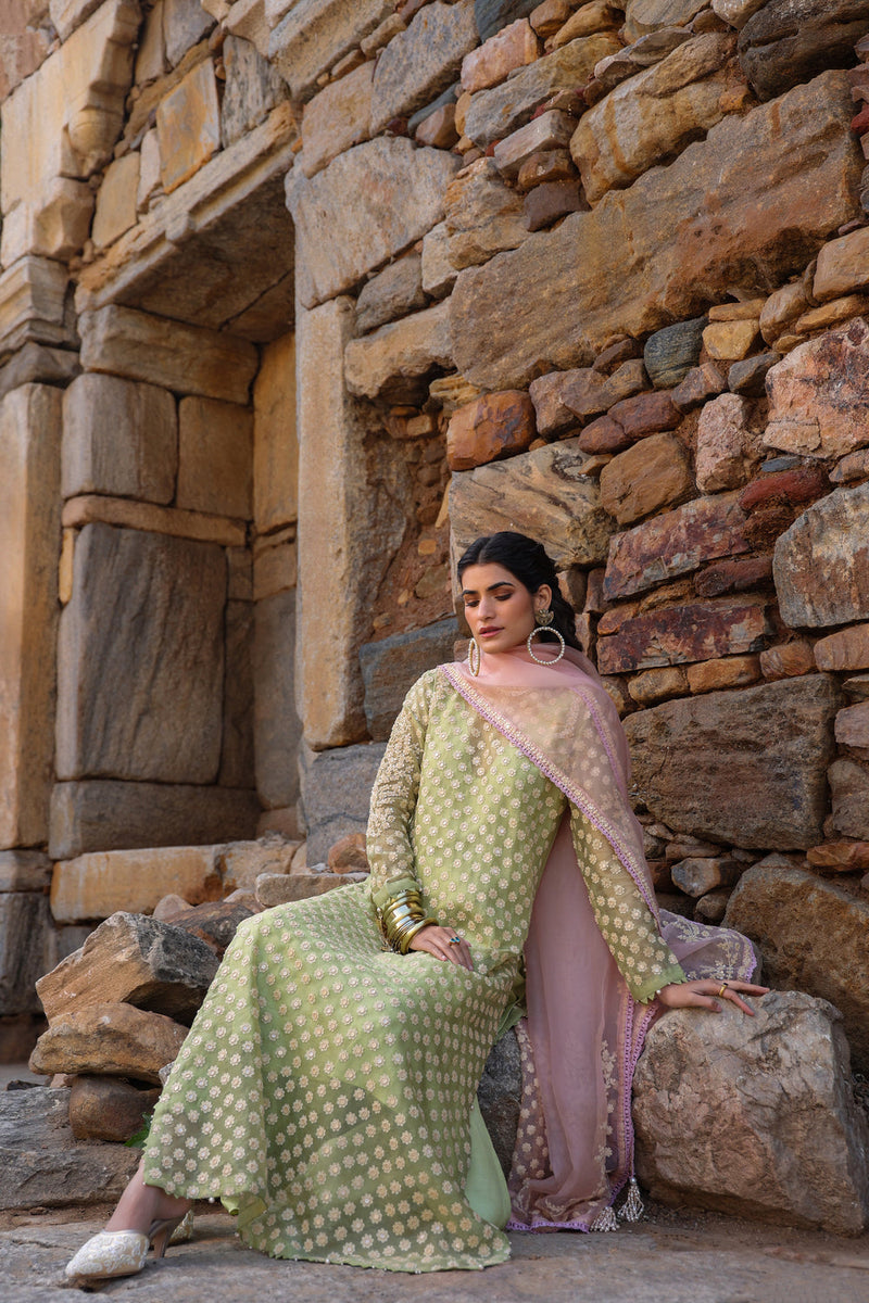 Vaayu Green Close Neck Kurta Set organza , silk tencel kurta/kurta set by Niti Bothra in green for women in Singapore