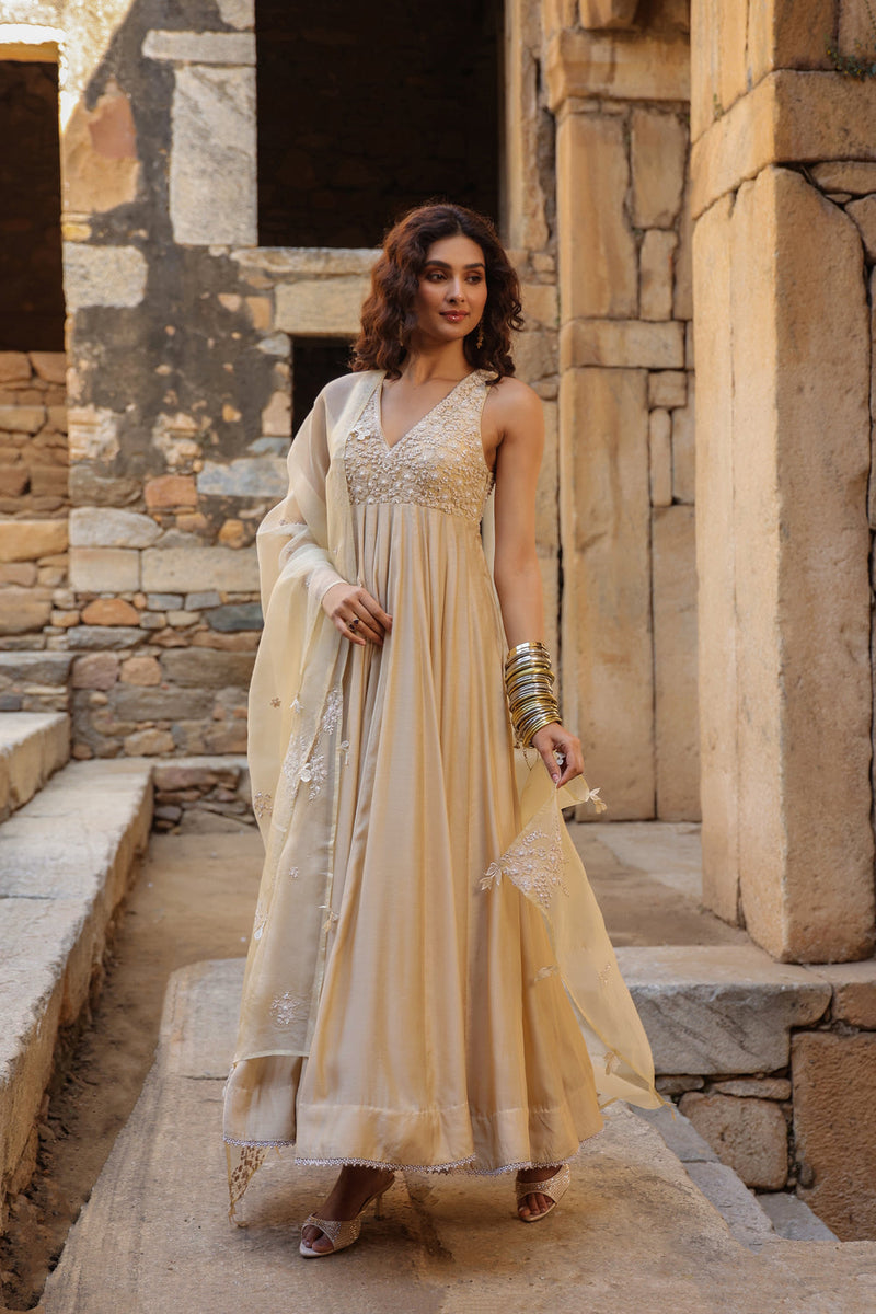 Vaayu Ivory Sleeveless Kalidar Set silk modal kurta/kurta set by Niti Bothra in ivory for women in Singapore