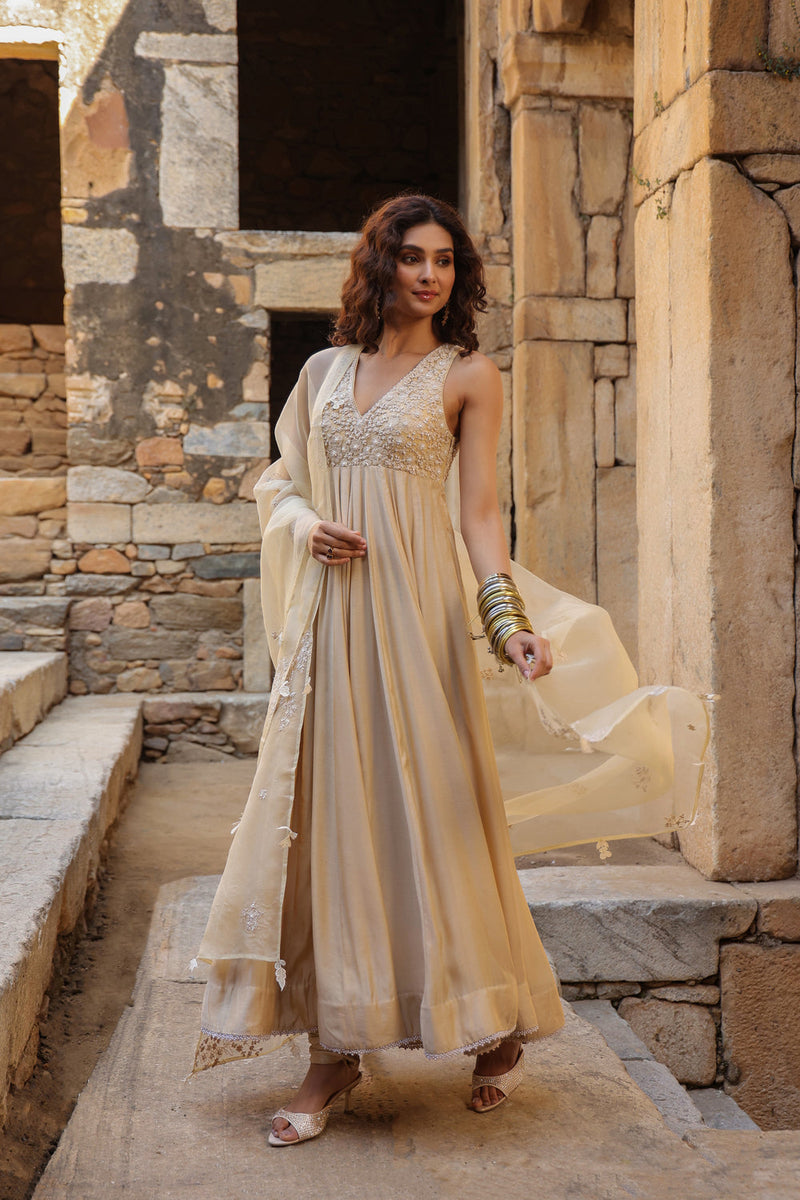 Vaayu Ivory Sleeveless Kalidar Set silk modal kurta/kurta set by Niti Bothra in ivory for women in Singapore