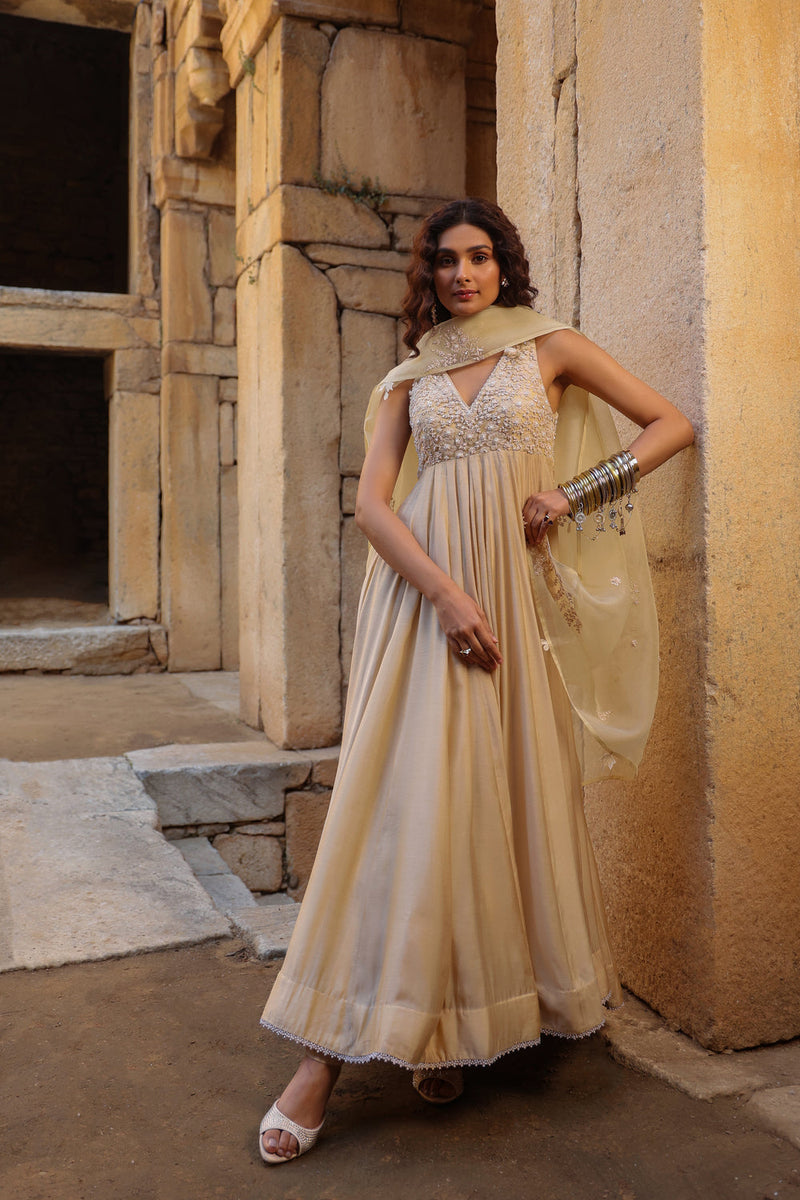 Vaayu Ivory Sleeveless Kalidar Set silk modal kurta/kurta set by Niti Bothra in ivory for women in Singapore