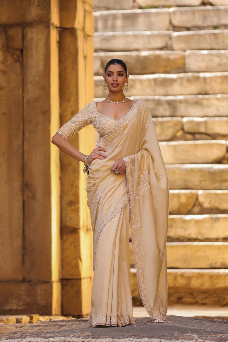 Vaayu Beige Bail Buti Saree Set silk modal saree by Niti Bothra in beige for women in Singapore