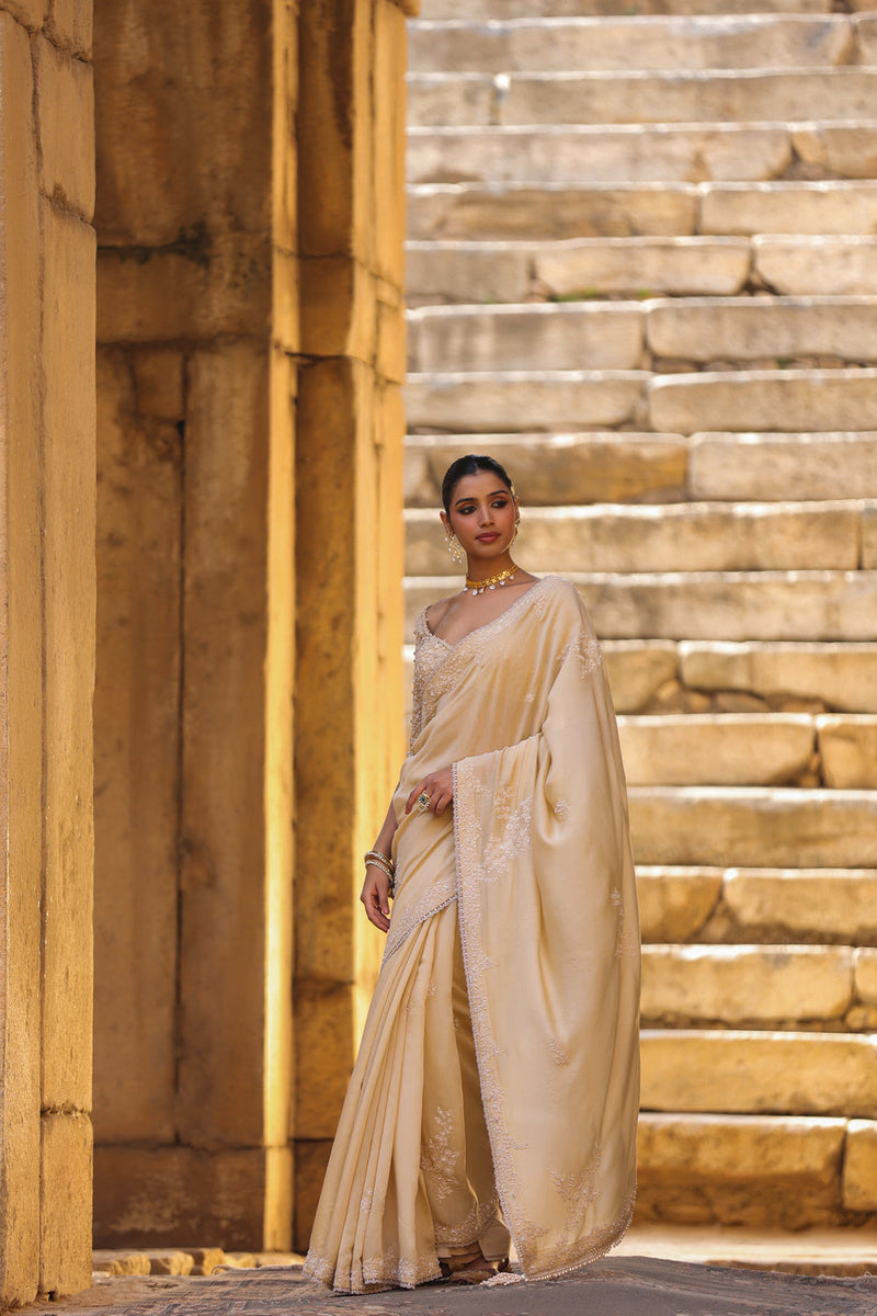 Vaayu Beige Bail Buti Saree Set silk modal saree by Niti Bothra in beige for women in Singapore