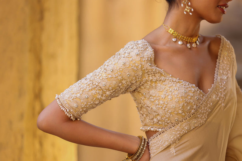 Vaayu Beige Bail Buti Saree Set silk modal saree by Niti Bothra in beige for women in Singapore