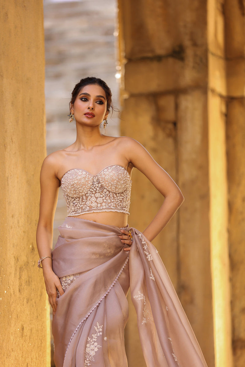 Vaayu Taupe Applique Corset Saree Set organza saree by Niti Bothra in taupe for women in Singapore
