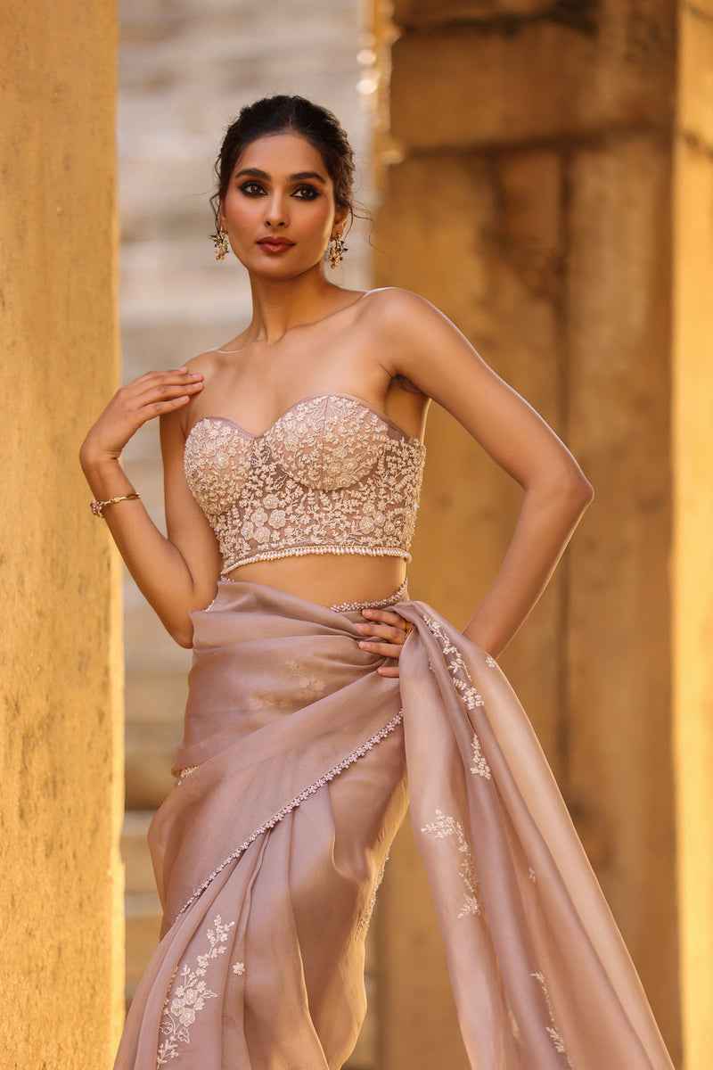 Vaayu Taupe Applique Corset Saree Set organza saree by Niti Bothra in taupe for women in Singapore