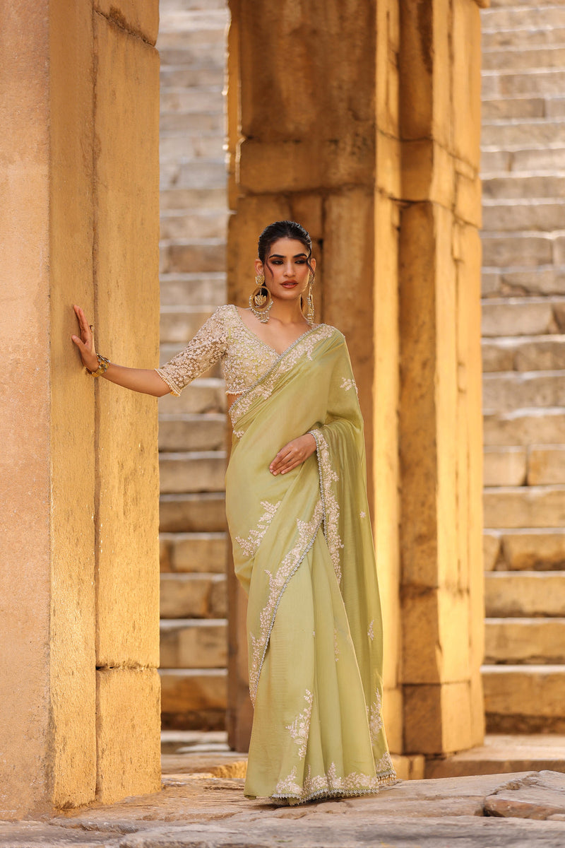 Vaayu Green Bail Buti Saree Set silk modal saree by Niti Bothra in green for women in Singapore