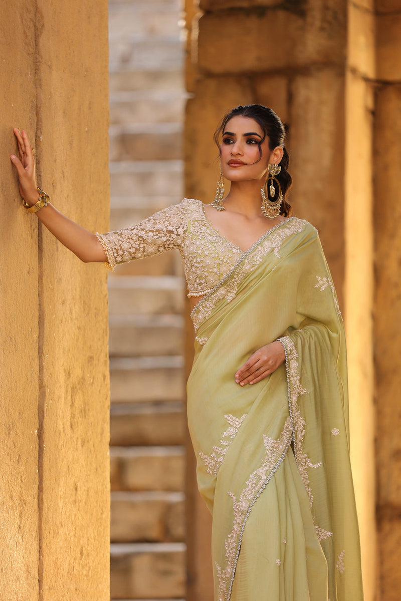 Vaayu Green Bail Buti Saree Set silk modal saree by Niti Bothra in green for women in Singapore