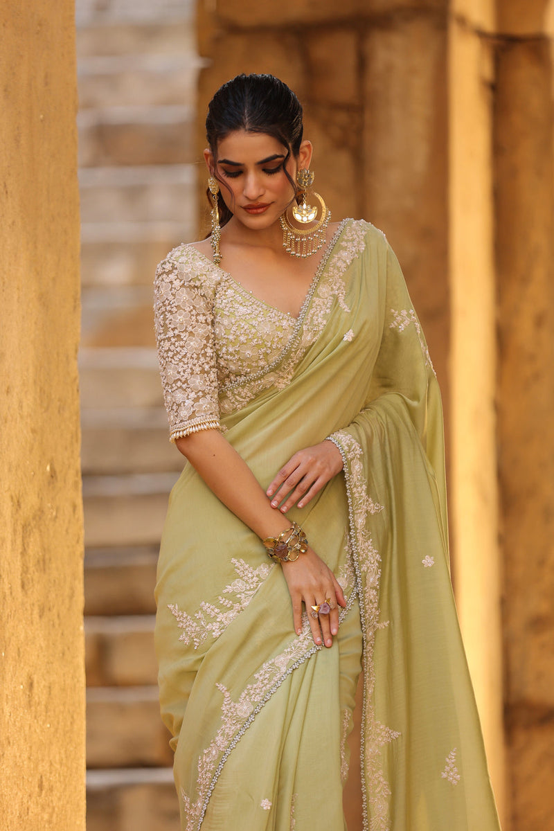 Vaayu Green Bail Buti Saree Set silk modal saree by Niti Bothra in green for women in Singapore
