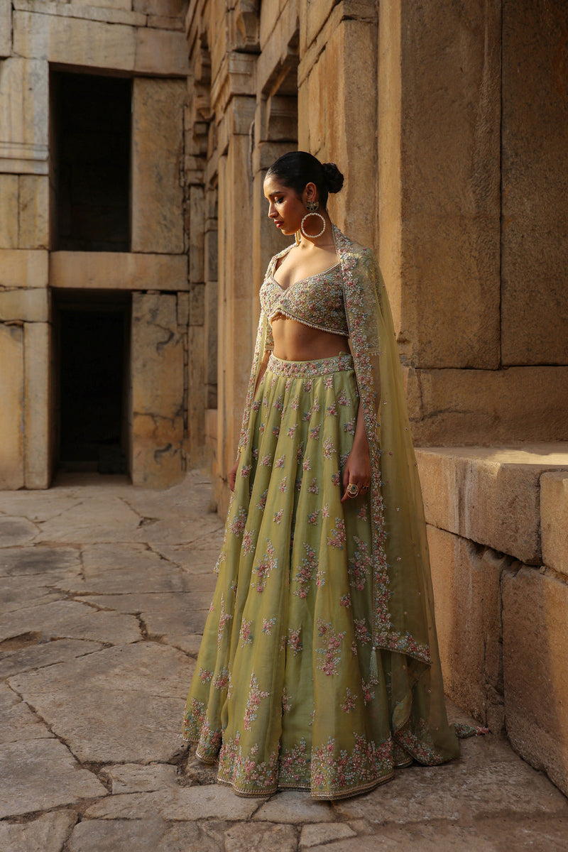 Vaayu Green Multicolor Phool Lehenga Set organza lehenga sets by Niti Bothra in green for women in Singapore