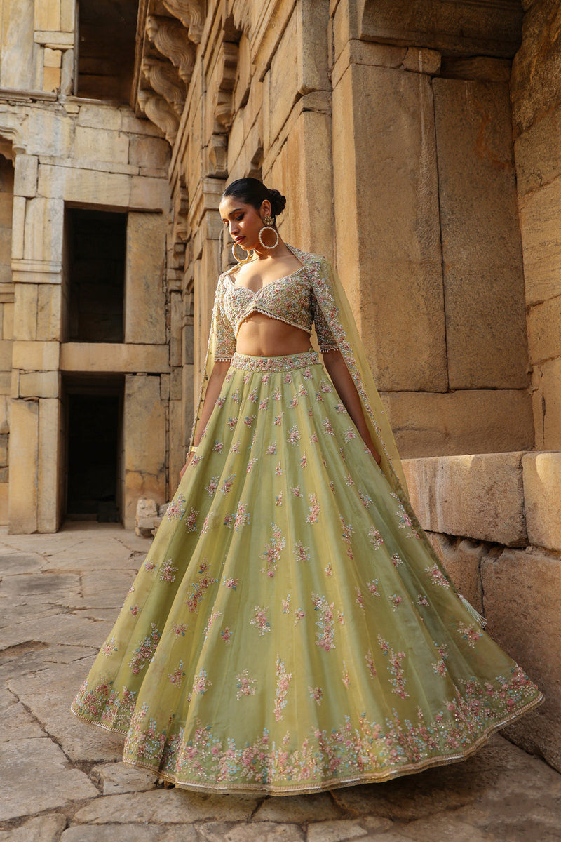 Vaayu Green Multicolor Phool Lehenga Set organza lehenga sets by Niti Bothra in green for women in Singapore