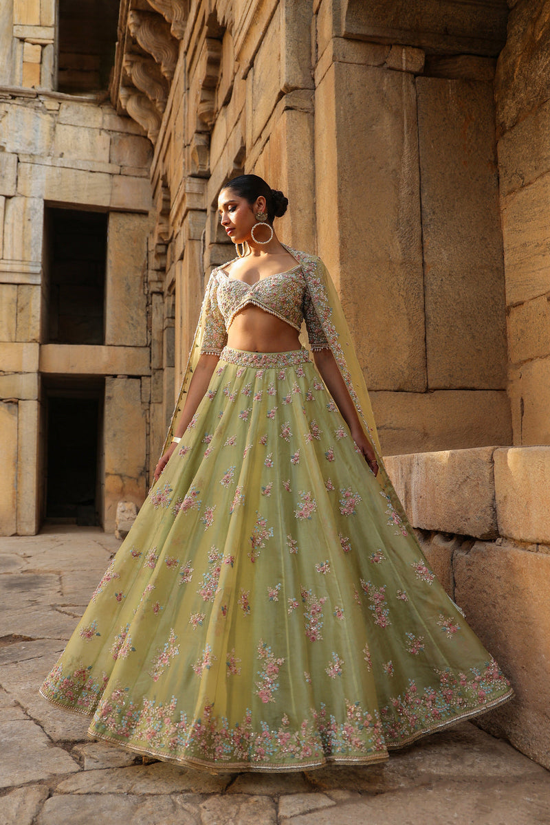 Vaayu Green Multicolor Phool Lehenga Set organza lehenga sets by Niti Bothra in green for women in Singapore