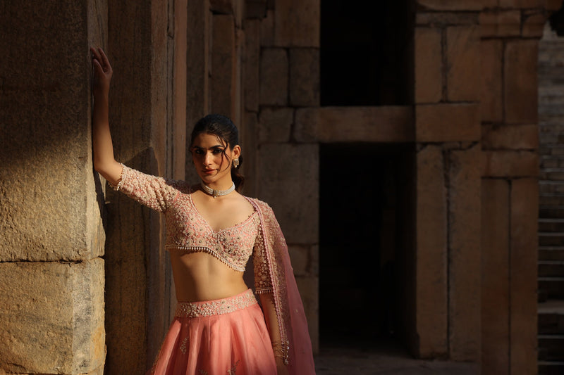 Vaayu Pink Guldasta Lehenga Set organza lehenga sets by Niti Bothra in pink for women in Singapore