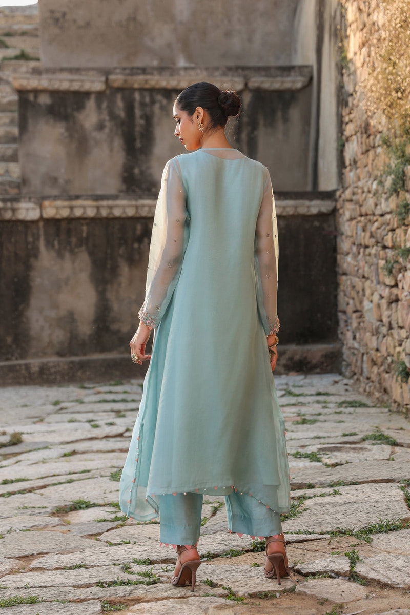 Vaayu Light Blue Heavy Neck Kurta Set organza , silk tencel kurta/kurta set by Niti Bothra in light blue for women in Singapore