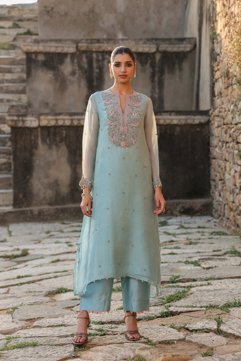 Vaayu Light Blue Heavy Neck Kurta Set organza , silk tencel kurta/kurta set by Niti Bothra in light blue for women in Singapore