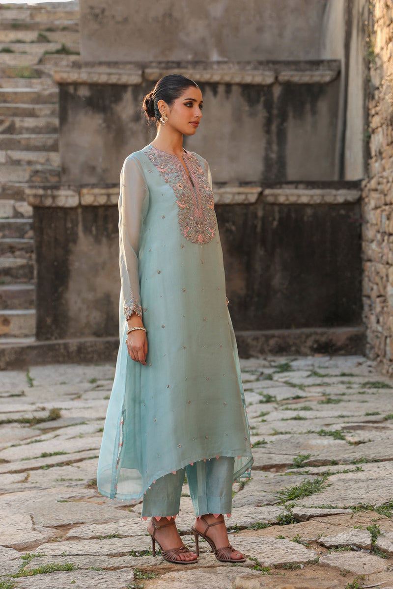 Vaayu Light Blue Heavy Neck Kurta Set organza , silk tencel kurta/kurta set by Niti Bothra in light blue for women in Singapore