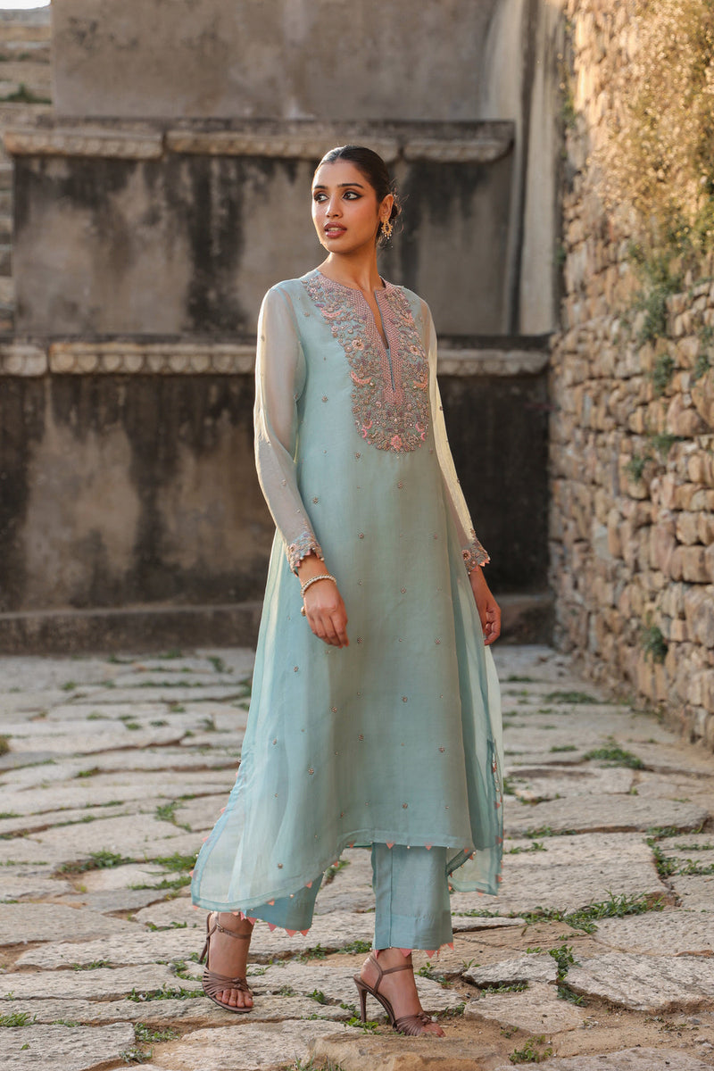 Vaayu Light Blue Heavy Neck Kurta Set organza , silk tencel kurta/kurta set by Niti Bothra in light blue for women in Singapore