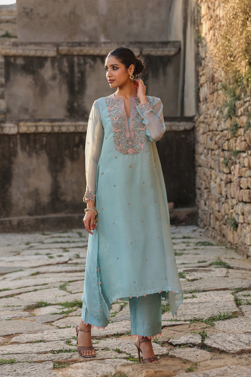 Vaayu Light Blue Heavy Neck Kurta Set organza , silk tencel kurta/kurta set by Niti Bothra in light blue for women in Singapore