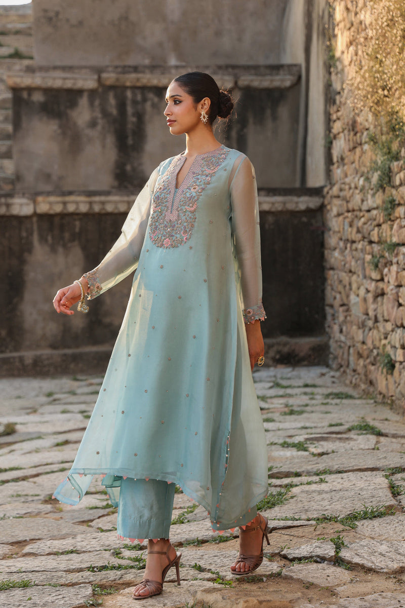 Vaayu Light Blue Heavy Neck Kurta Set organza , silk tencel kurta/kurta set by Niti Bothra in light blue for women in Singapore