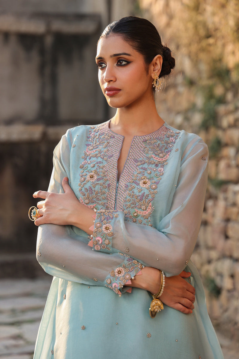 Vaayu Light Blue Heavy Neck Kurta Set organza , silk tencel kurta/kurta set by Niti Bothra in light blue for women in Singapore