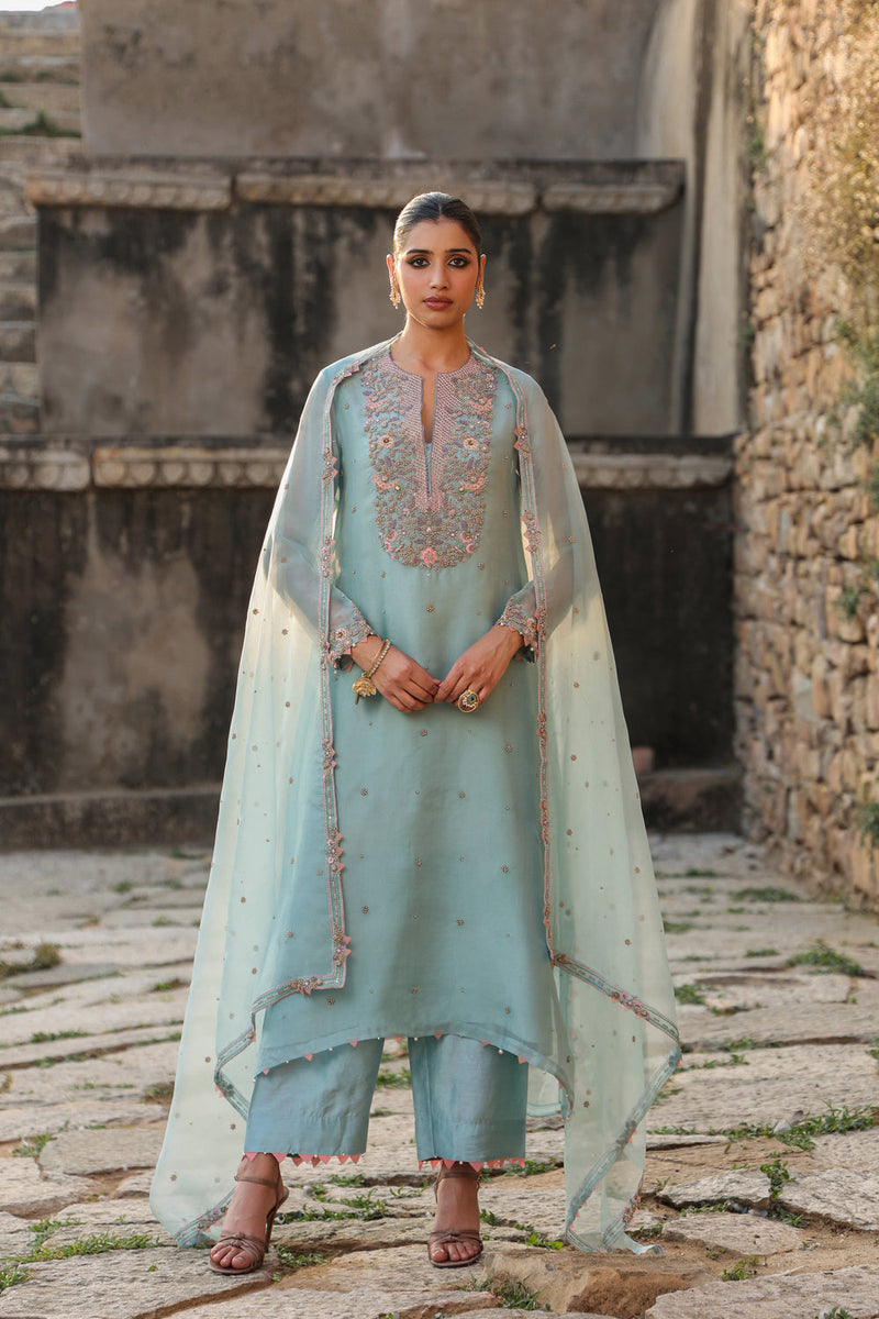 Vaayu Light Blue Heavy Neck Kurta Set organza , silk tencel kurta/kurta set by Niti Bothra in light blue for women in Singapore