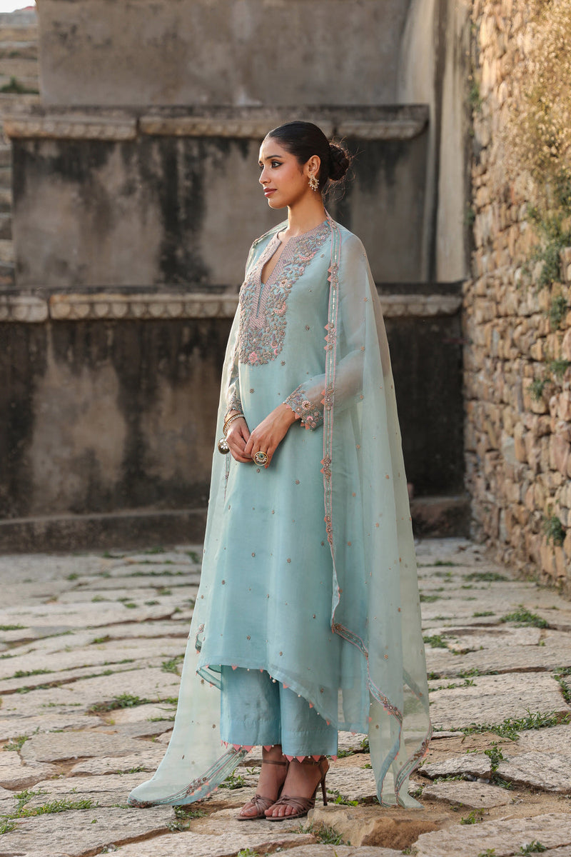 Vaayu Light Blue Heavy Neck Kurta Set organza , silk tencel kurta/kurta set by Niti Bothra in light blue for women in Singapore