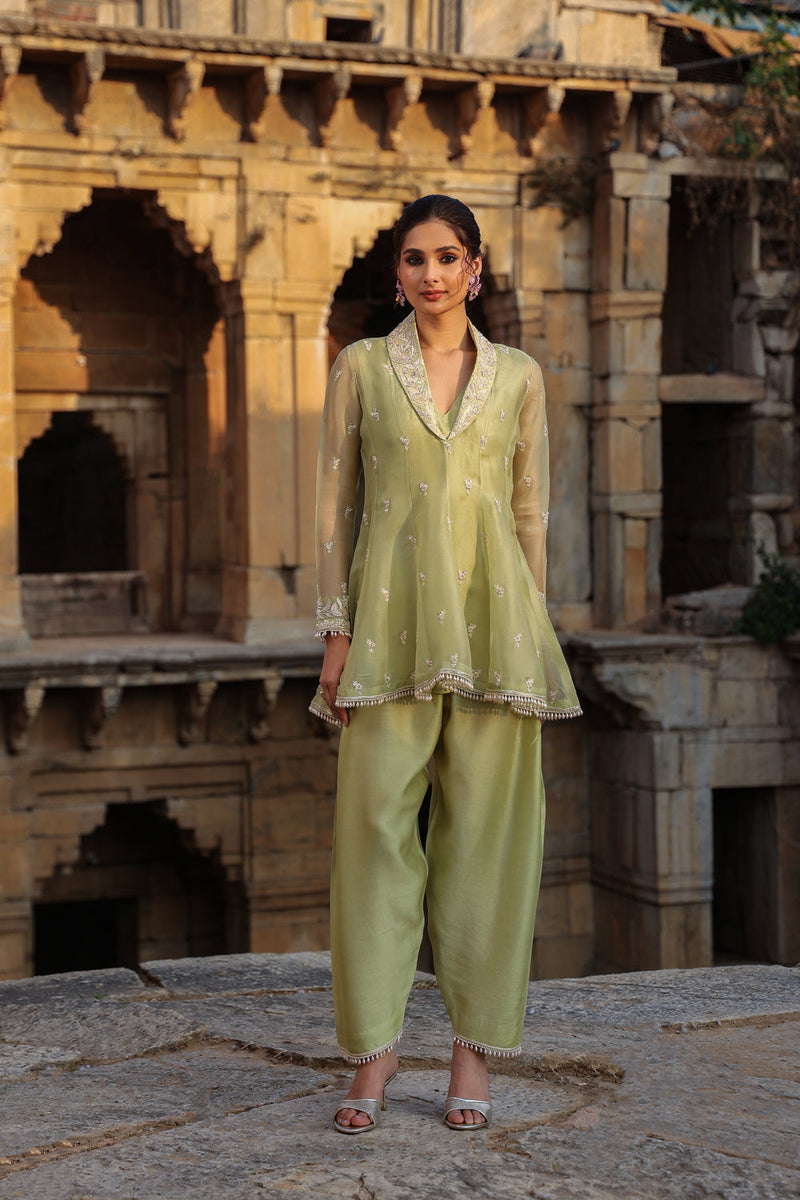 Vaayu Green Short Kalidar Set organza , silk tencel kurta/kurta set by Niti Bothra in green for women in Singapore