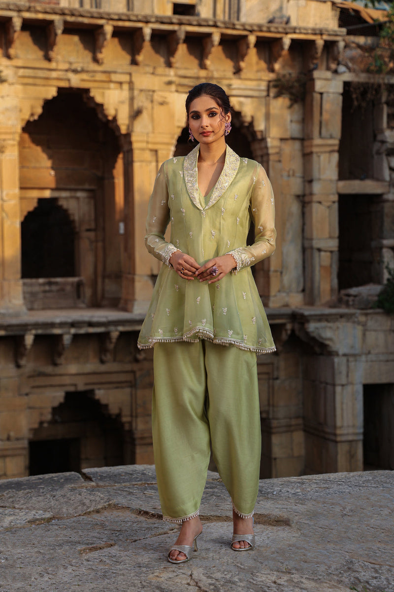 Vaayu Green Short Kalidar Set organza , silk tencel kurta/kurta set by Niti Bothra in green for women in Singapore