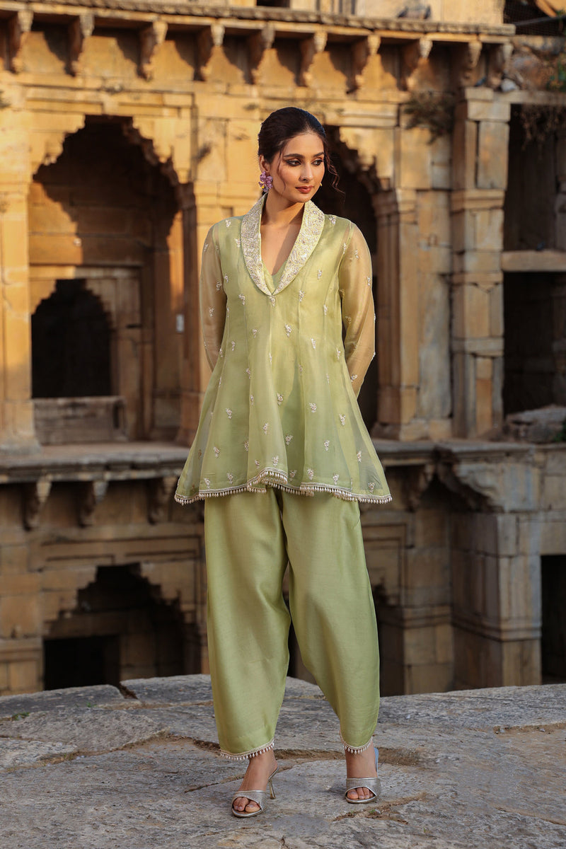 Vaayu Green Short Kalidar Set organza , silk tencel kurta/kurta set by Niti Bothra in green for women in Singapore