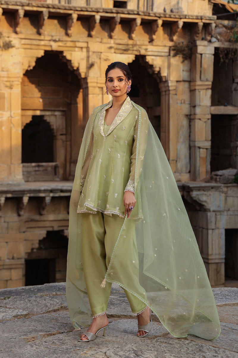 Vaayu Green Short Kalidar Set organza , silk tencel kurta/kurta set by Niti Bothra in green for women in Singapore