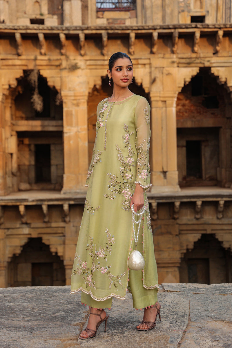 Vaayu Green Multicolor Jaal Kurta Set organza , silk tencel kurta/kurta set by Niti Bothra in green for women in Singapore