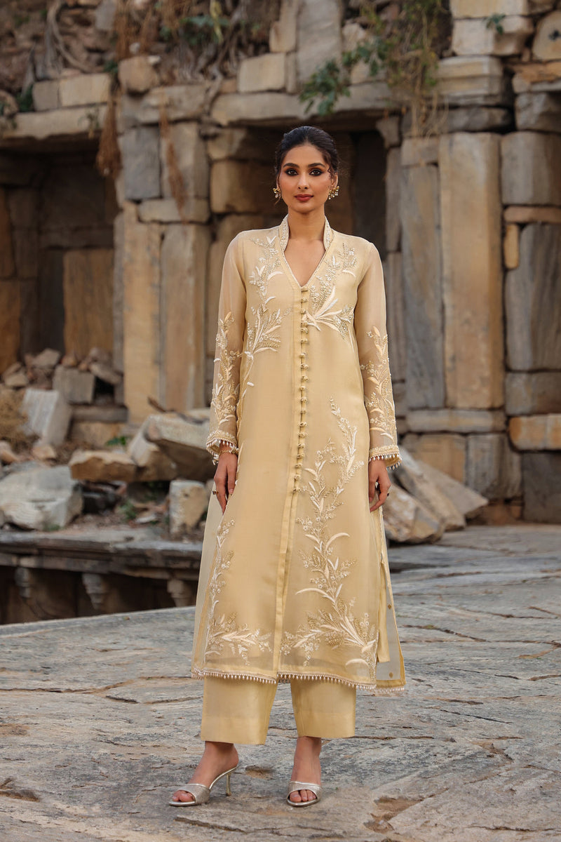 Vaayu Beige Heavy Jacket Kurta Set organza , silk tencel kurta/kurta set by Niti Bothra in beige for women in Singapore