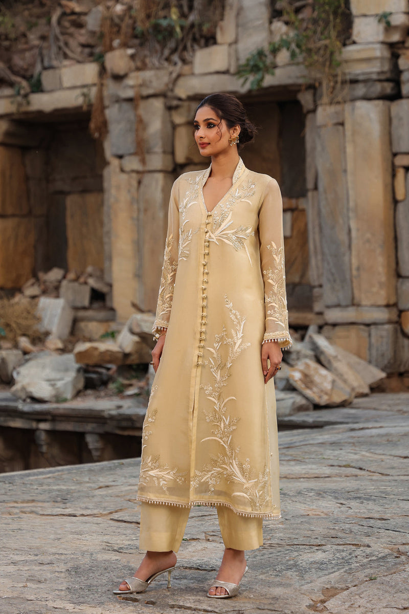 Vaayu Beige Heavy Jacket Kurta Set organza , silk tencel kurta/kurta set by Niti Bothra in beige for women in Singapore
