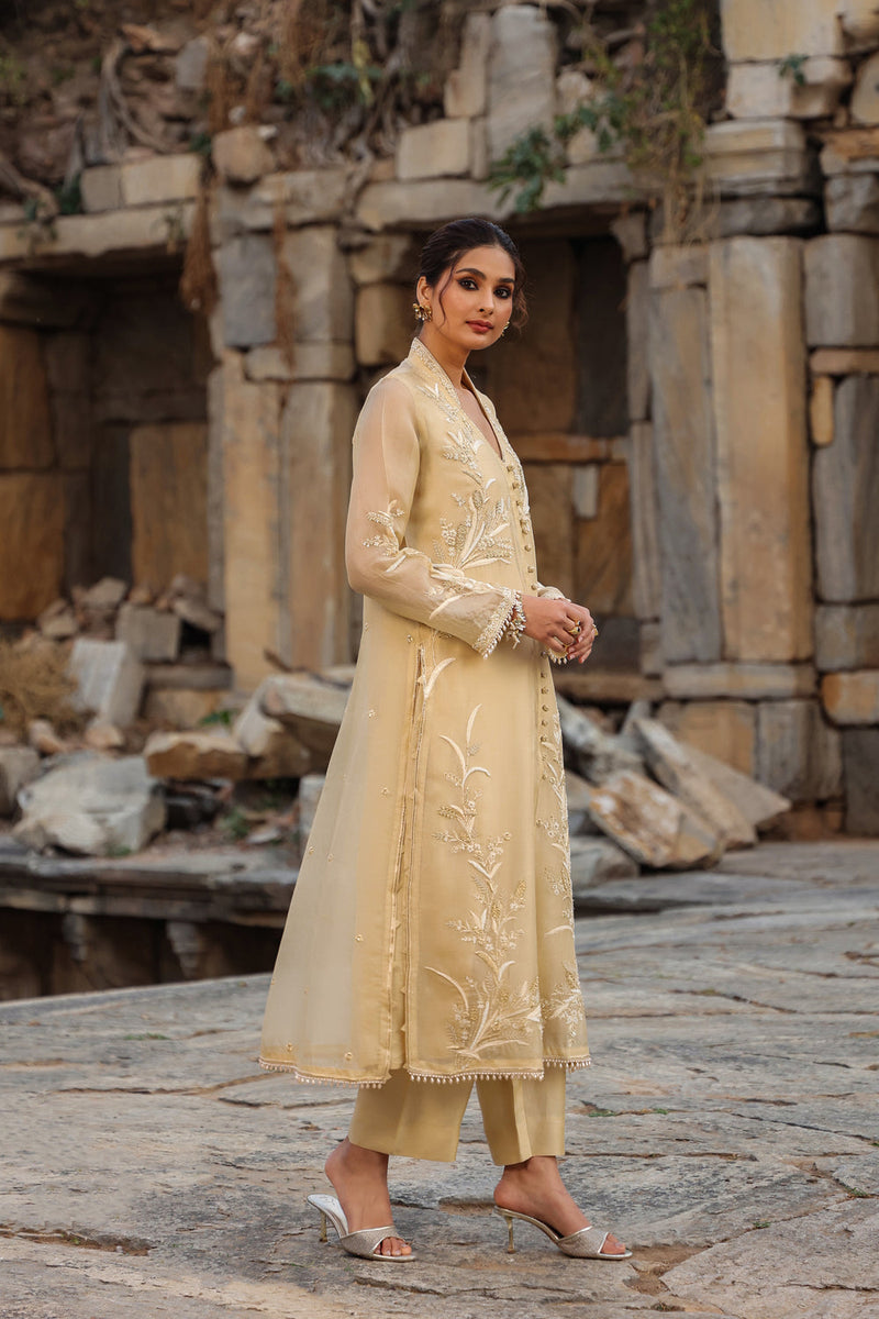 Vaayu Beige Heavy Jacket Kurta Set organza , silk tencel kurta/kurta set by Niti Bothra in beige for women in Singapore